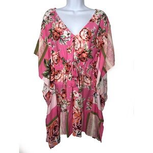 NEW Maaji Kaftan Dress Small Pink Floral V-Neck Tassel Drawstring Boho Coverup